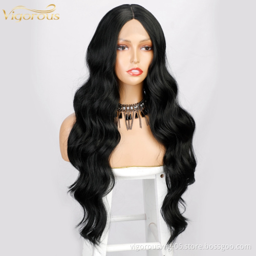 Vigorous 26inch Black Color Deep Wave Lace Front Synthetic Wigs For Black Women Natural Long Wavy Cosplay Synthetic Hair Wigs